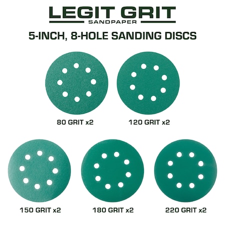 Legit Grit 5 Inch Sand paper Disc, 8-Hole, Mixed Grit - Sample, GRITS: 80/120/150/180/220 2 of each, 10PK LG5-8SAMP1-10